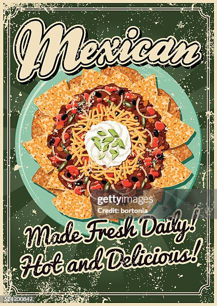 vintage screen printed mexican food poster - nachos stock illustrations