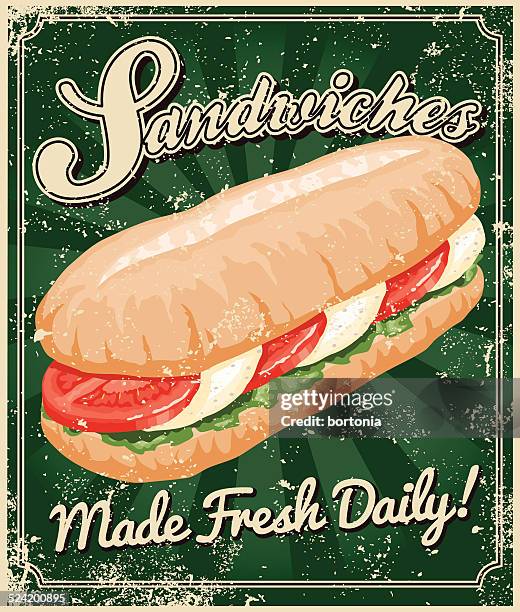 illustrations, cliparts, dessins animés et icônes de sandwich sérigraphié affiche vintage - tomate ancienne