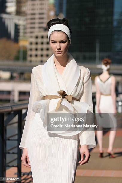 Model wears an outfit from the Spring/Summer 2008/2009 collection by designer Jayson Brunsdon at the Rosemount Australian Fashion Week at the...