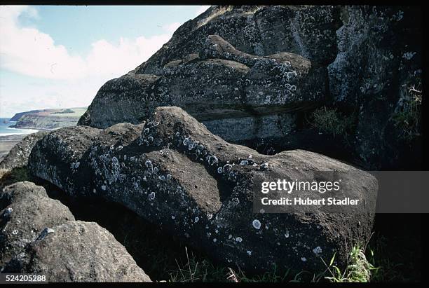 Moai stand partly carved in rock at Rano Raraku on Easter Island.