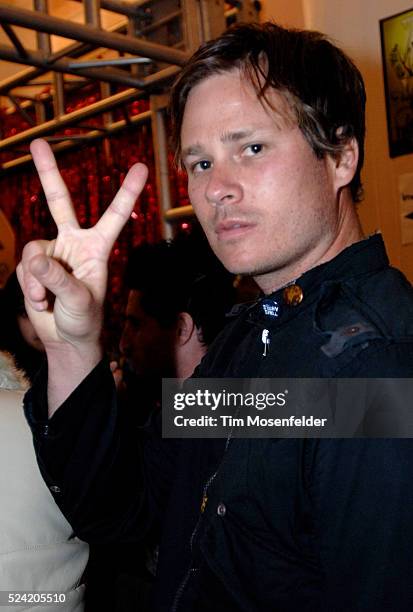 Tom DeLonge of Angels and Airwaves gets ready to perform a radio interview at Live 105's Not So Silent Night 2007 at the Bill Graham Civic Auditorium...