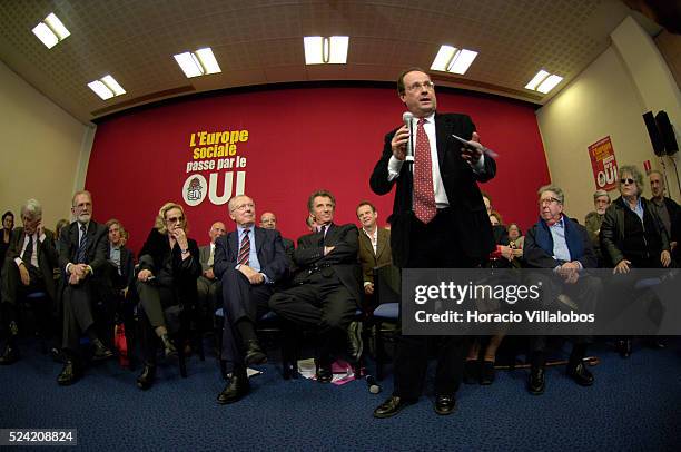 Francois Hollande, First Secretary of the French Socialist Party, speaks at a meeting at the group's headquarters to promote the 'yes' vote for the...