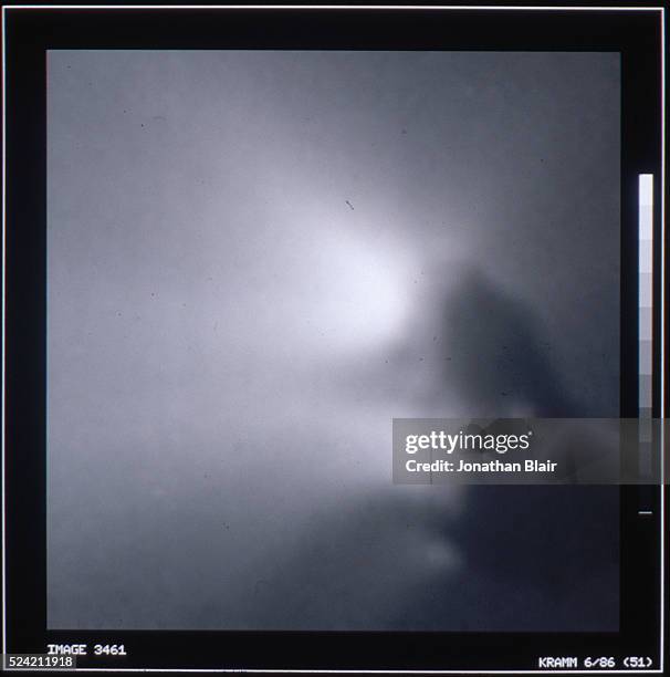 Halley's Comet as seen from the Giotto Spacecraft. Dust and gas jet from the nucleus of the comet. Processed by Dr. R. Kramm and photographed at the...