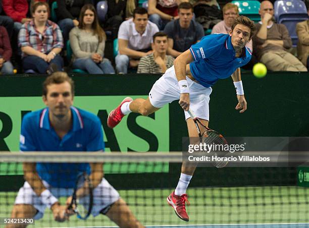 Julien Benneteau and Nicolas Mahut during the doubles played against Benjamin Becker and Andre Begemann of Germany, on the second day for the first...