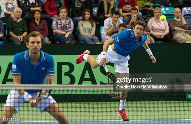 Julien Benneteau and Nicolas Mahut during the doubles played against Benjamin Becker and Andre Begemann of Germany, on the second day for the first...