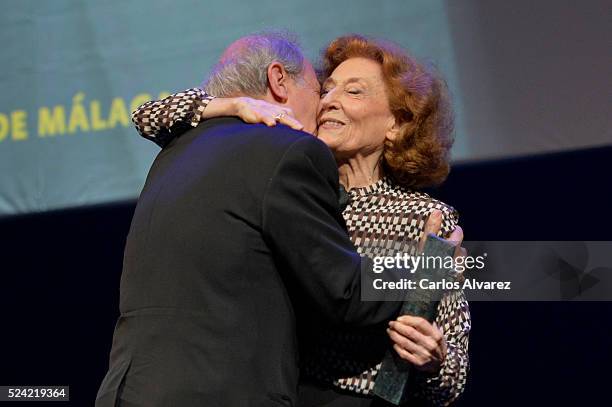 Spanish actor Emilio Gutierrez Caba receives the "Ciudad del Paraiso" Award from actress Julia Gutierrez Caba at the Cervantes Theater during the...