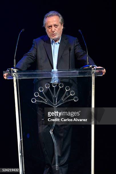Spanish actor Manuel Galiana attends the "Ciudad del Paraiso" Award ceremony at the Cervantes Theater during the 19th Malaga Spanish Film Festival on...