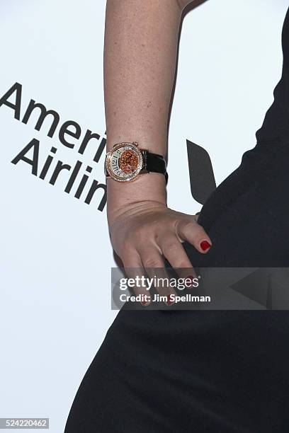 Actress Kiera Chaplin wears a Jaeger-LeCoultre watch, watch detail, attends the 43rd Chaplin Award Gala on April 25, 2016 in New York City.