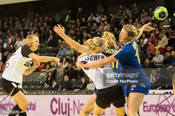 Worez Nina of Germany National Team and Johanna Ahlm of Sweden National Team in action during the women's Carpathian Trophy handball tournament match...