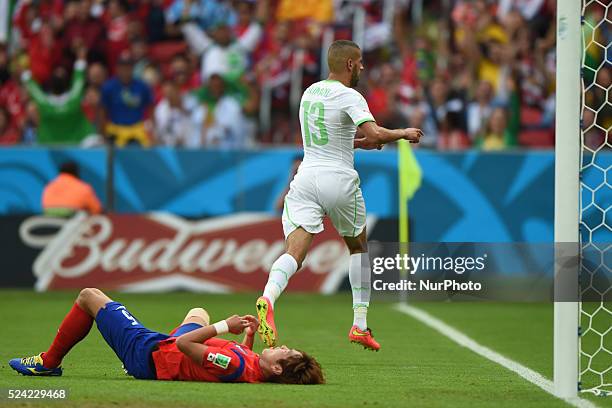 June: Islam Slimani celebration in the match between South Korea and Algeria in the group stage of the 2014 World Cup, for the group H match at the...