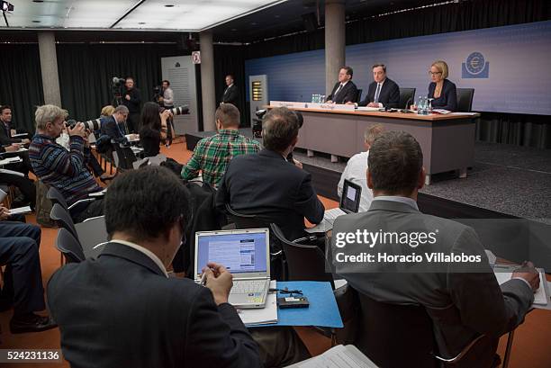 European Central Bank President Mario Draghi and ECB vice president Vitor Constancio meet the press at the European Central Bank Headquarters, in...