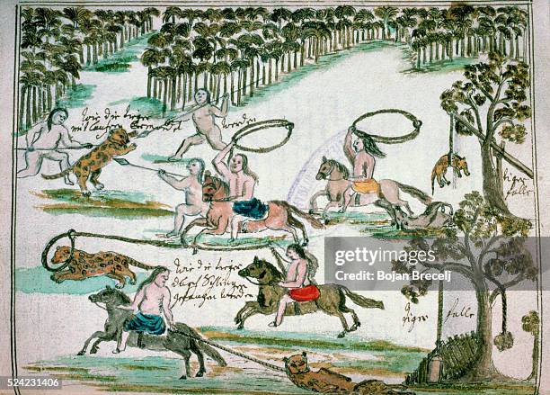 Drawing of Mocobi Indians hunting leopards by Father Florian Paucke, a Jesuit missionary from Switzerland who lived and worked with the Mocobi tribes...