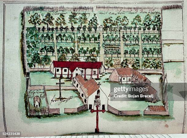 Drawing of a Jesuit mission and its orchard by Father Florian Paucke, a Jesuit missionary from Switzerland who lived and worked with the Mocobi...