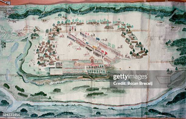 Drawing of a Jesuit mission and parade of Spanish colonial forces by Father Florian Paucke, a Jesuit missionary from Switzerland who lived and worked...