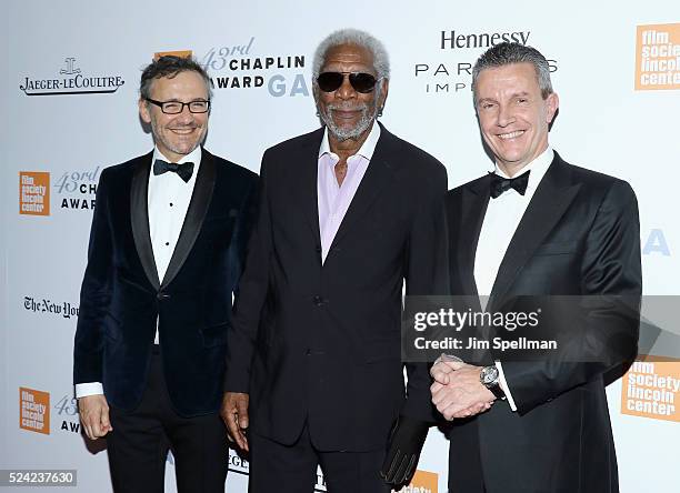 Jaeger-LeCoultre Communications Director Laurent Vinay, actor Morgan Freeman, and Jaeger-LeCoultre CEO Daniel Riedo attend the 43rd Chaplin Award...