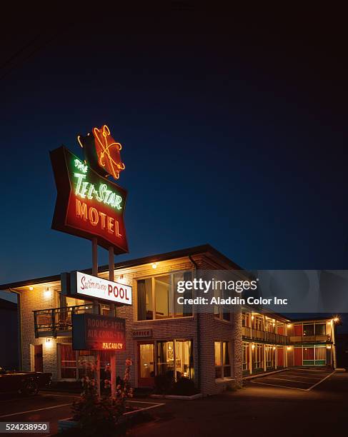 Nighttime exterior of the Tel-Star Motel in Myrtle Beach.