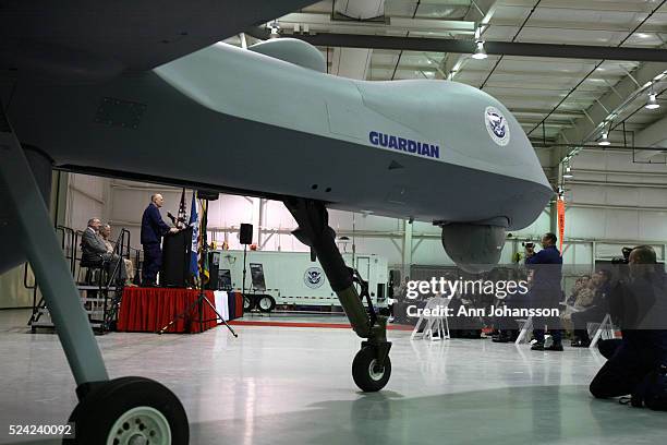 Press conference is held as the U.S. Customs and Border Protection Office of Air and Marine shows it's first Predator B unmanned aircraft system at...