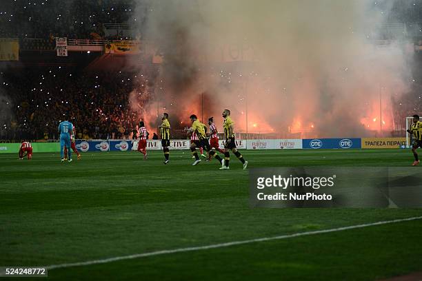 Greek cup quarter final match between AEK Athens and Olympiacos in Athens, Greece on March 11, 2015. The Greek Cup quarter-final between AEK Athens...