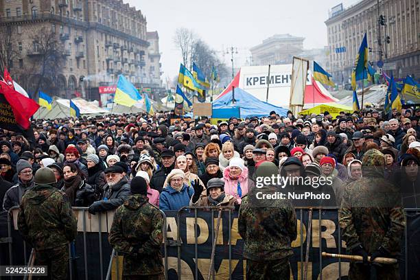 Demonstrators take part in a mass rally on Independence Square in Kiev on February 9, 2014. An estimated 70,000 pro-Western Ukrainians thronged the...