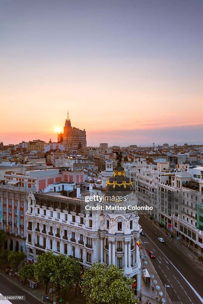 Aerial view of Madrid city at sunset, Spain