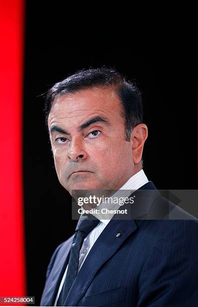 The CEO of French carmaker Renault, Carlos Ghosn, and French industrial group Bollore head Vincent Bollore give a press conference at the Atelier...