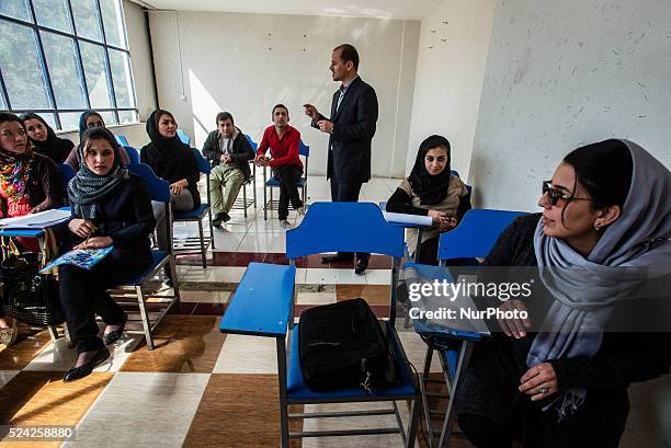 Journalism class in Mashal institute of higher education, Kabul, Afghanistan. Since 2002, the end of Taliban era in Afghanistan, number of female...