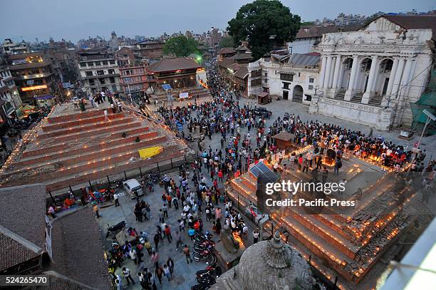 Nepalese pay homage to the earthquake victims during its First Anniversary by lighting up candles at Basantapur Durbar Square. Most of monuments, old...