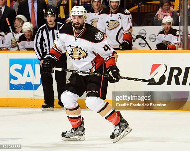 Nate Thompson of the Anaheim Ducks skates against the Nashville Predators during the second period in Game Six of the Western Conference First Round...