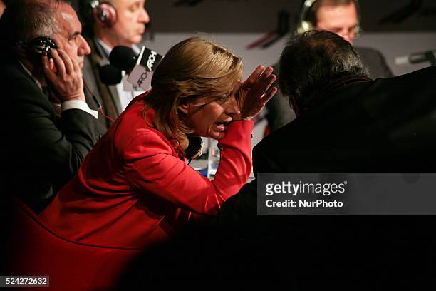 Evelyn Matthei talking to one of the interviewers at the radio debate. Chile's presidential candidates take part in the presidential debate organized...