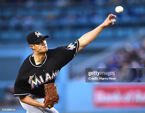 Wei-Yin Chen of the Miami Marlins pitches against the Los Angeles Dodgers during the first inning at Dodger Stadium on April 25, 2016 in Los Angeles,...