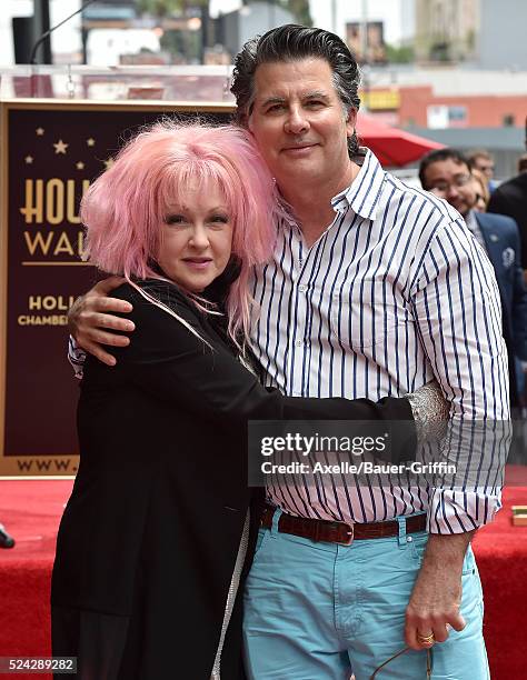 Singer Cyndi Lauper and David Thornton attend the ceremony honoring Cyndi Lauper and Harvey Fierstein with double star ceremony on the Hollywood Walk...