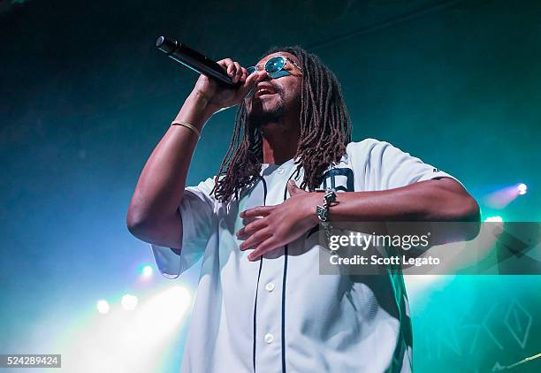 Lupe Fiasco performs while wearing a Detroit Tigers Baseball jersey at St. Andrews Hall on April 25, 2016 in Detroit, Michigan.