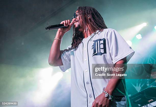 Lupe Fiasco performs while wearing a Detroit Tigers Baseball jersey at St. Andrews Hall on April 25, 2016 in Detroit, Michigan.