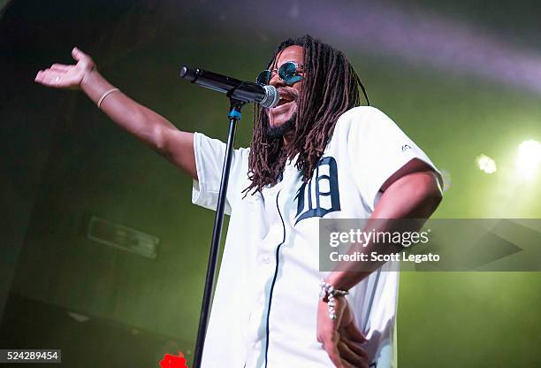 Lupe Fiasco performs while wearing a Detroit Tigers Baseball jersey at St. Andrews Hall on April 25, 2016 in Detroit, Michigan.