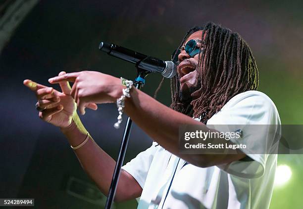 Lupe Fiasco performs while wearing a Detroit Tigers Baseball jersey at St. Andrews Hall on April 25, 2016 in Detroit, Michigan.