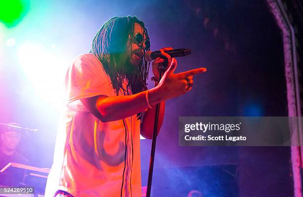 Lupe Fiasco performs while wearing a Detroit Tigers Baseball jersey at St. Andrews Hall on April 25, 2016 in Detroit, Michigan.