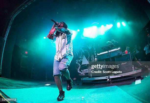 Lupe Fiasco performs while wearing a Detroit Tigers Baseball jersey at St. Andrews Hall on April 25, 2016 in Detroit, Michigan.