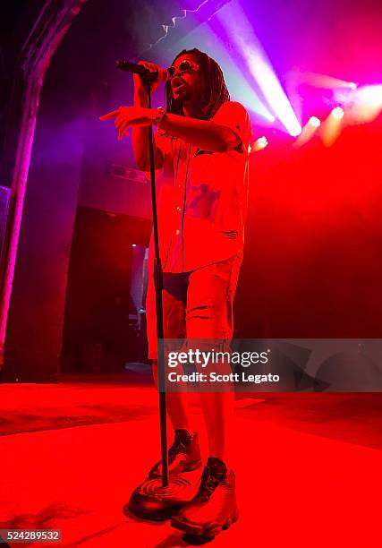 Lupe Fiasco performs while wearing a Detroit Tigers Baseball jersey at St. Andrews Hall on April 25, 2016 in Detroit, Michigan.