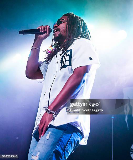 Lupe Fiasco performs while wearing a Detroit Tigers Baseball jersey at St. Andrews Hall on April 25, 2016 in Detroit, Michigan.