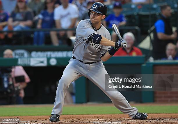 Dustin Ackley of the New York Yankees at Globe Life Park in Arlington on April 25, 2016 in Arlington, Texas.