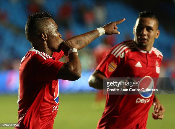Jhoao Hinestroza of America de Cali celebrates after scoring the second goal of his team during a match between America de Cali and Deportes Quindio...