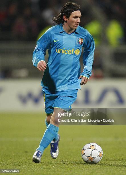 Lionel Messi during the champions league soccer match between Olympique Lyonnais and FC Barcelona.