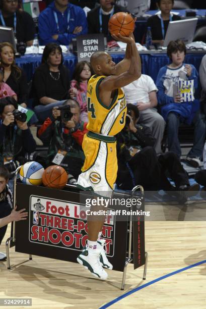 Ray Allen of the Seattle Seahawks attempts a three-pointer at the Foot Locker Three-Point Shootout during 2005 NBA All-Star Weekend at the Pepsi...