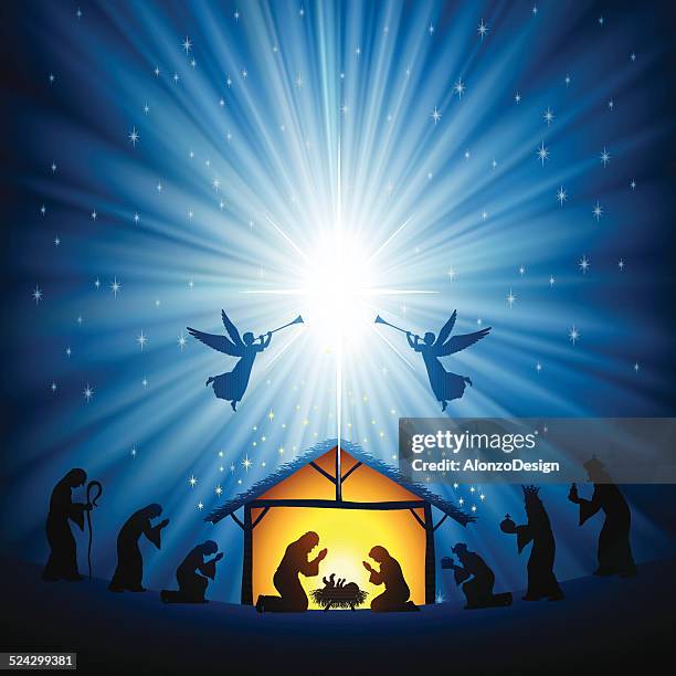christmas nativity scene - angel stock illustrations