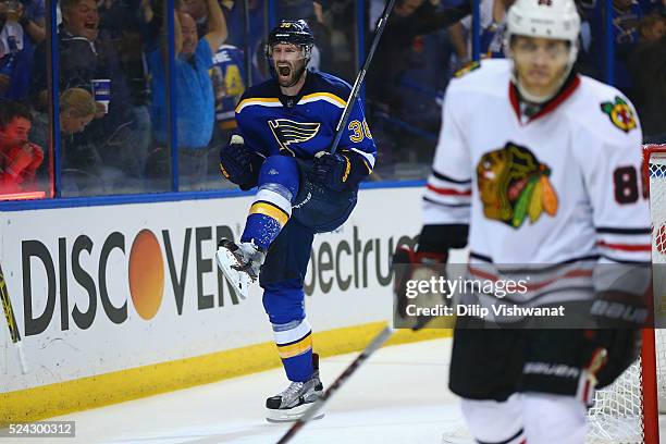 Troy Brouwer of the St. Louis Blues celebrates after scoring the game-winning goal against the Chicago Blackhawks in Game Seven of the Western...