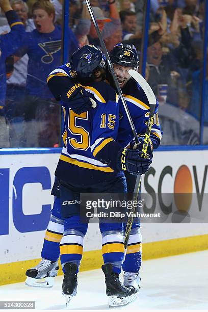 Troy Brouwer of the St. Louis Blues celebrates after scoring the game-winning goal against the Chicago Blackhawks in Game Seven of the Western...