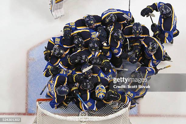 St. Louis Blues celebrate after defeating the Chicago Blackhawks 3-2 in Game Seven of the Western Conference First Round during the 2016 NHL Stanley...