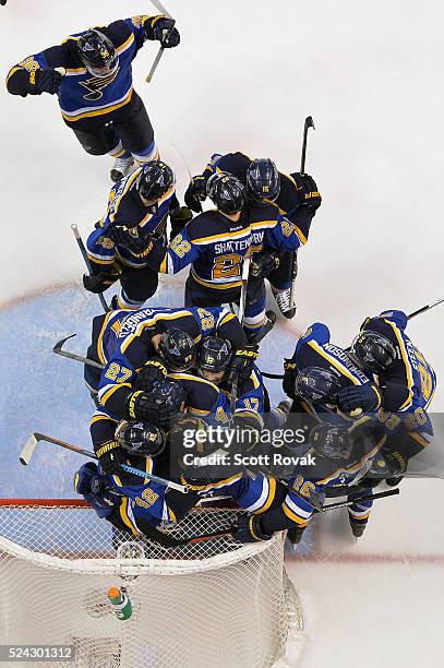 St. Louis Blues celebrate after defeating the Chicago Blackhawks 3-2 in Game Seven of the Western Conference First Round during the 2016 NHL Stanley...