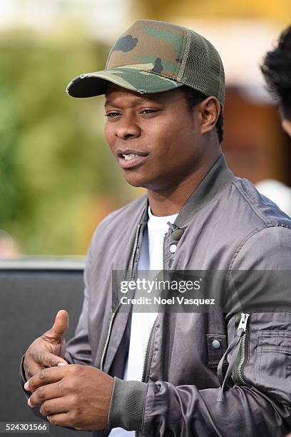 Jason Mitchell visits "Extra" at Universal Studios Hollywood on April 25, 2016 in Universal City, California.