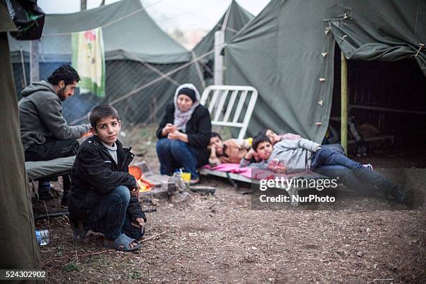 Syrian refugee families living in tents without electricity or heat and very little food at a closed reception center in Harmanli, Bulgaria on...